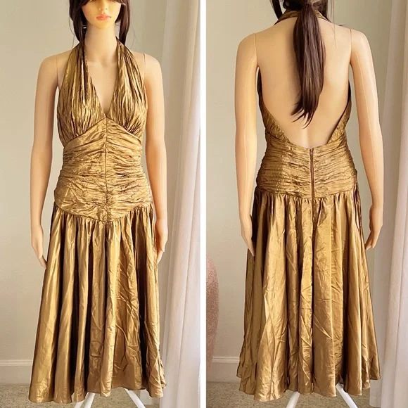 Vintage Eletra Casadei Gold Lame’ Halter Top Midi Length Disco Party Dress Small